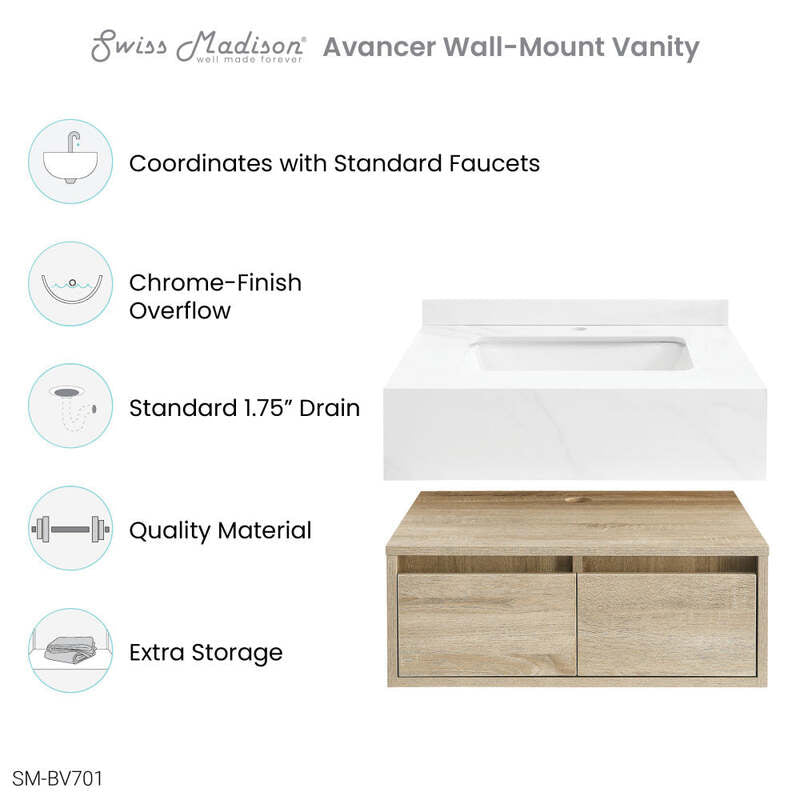 Swiss Madison Avancer 24" Wall-Mounted Bathroom Vanity in Calacatta and White Oak