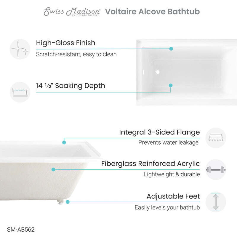 Swiss Madison Voltaire 54 in x 30 in Acrylic Glossy White, Alcove, Integral Left-Hand Drain, Bathtub