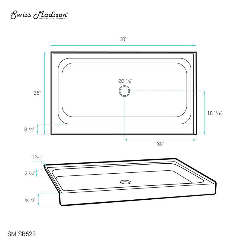 Swiss Madison Voltaire 60 x 36 Acrylic White, Single-Threshold, Center Drain, Shower Base