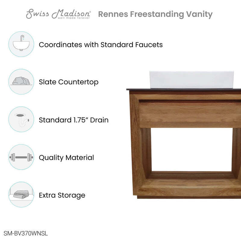 Swiss Madison Rennes 36" Reclaimed Wood Vanity in Walnut with Slate Countertop and Single Hole Vessel Sink