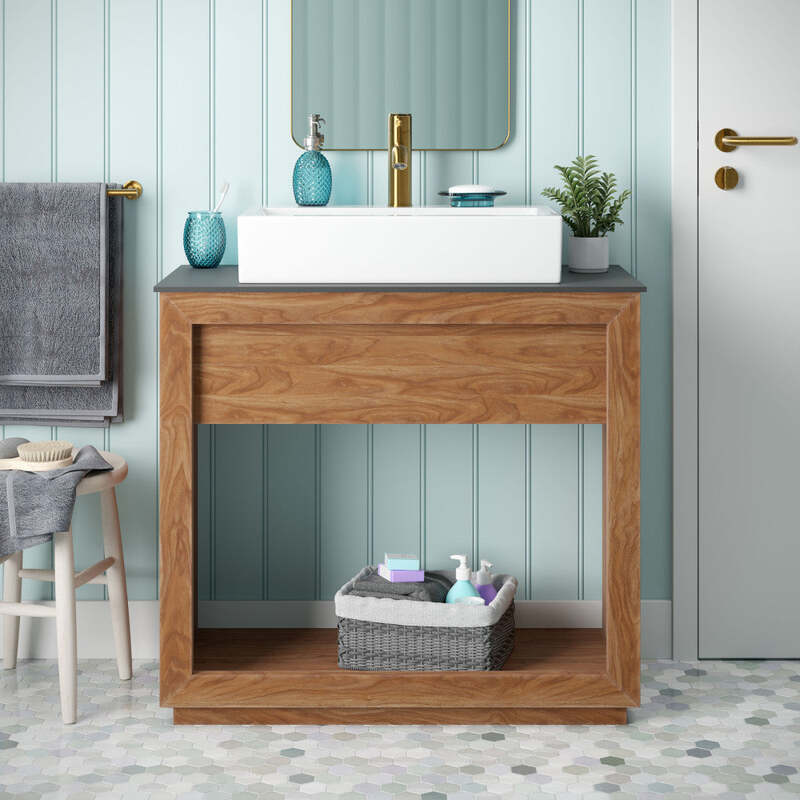 Swiss Madison Rennes 36" Reclaimed Wood Vanity in Natural Teak with Slate Countertop and Single Hole Vessel Sink