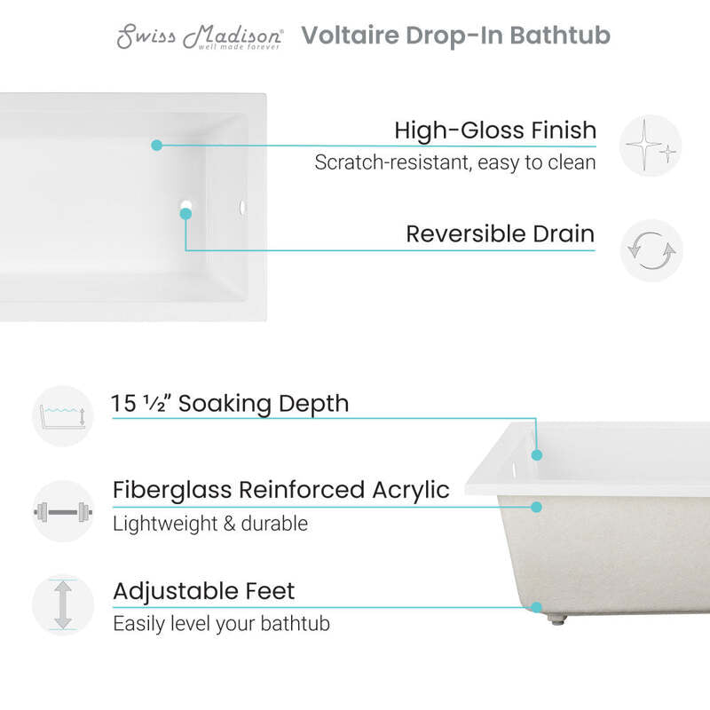 Swiss Madison Voltaire 72" x 36" Reversible Drain Drop-In Bathtub