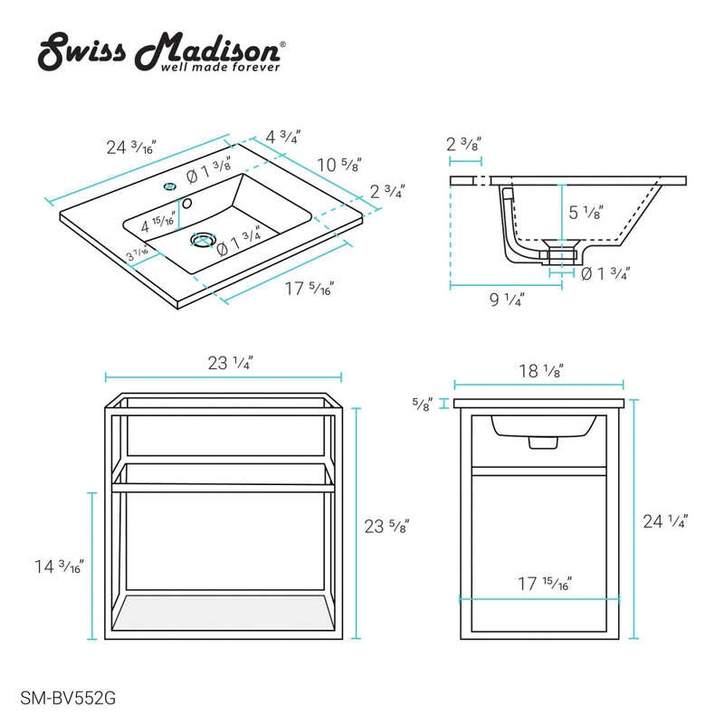 Swiss Madison Pierre 24 Single, Open Shelf, Gold Metal Frame Bathroom Vanity