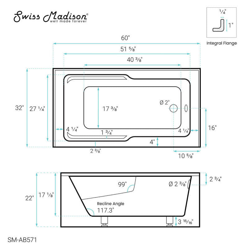 Swiss Madison Claire 60" x 32" Right-Hand Drain Drain Alcove Tub with Corner Apron