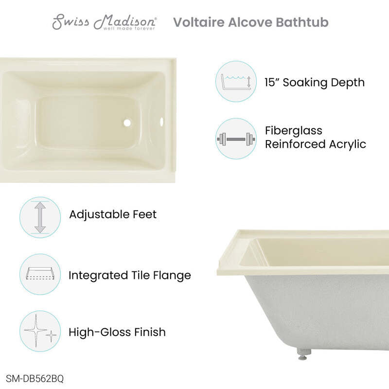 Swiss Madison Voltaire 48" X 32" Right-Hand Drain Alcove Bathtub in Bisque