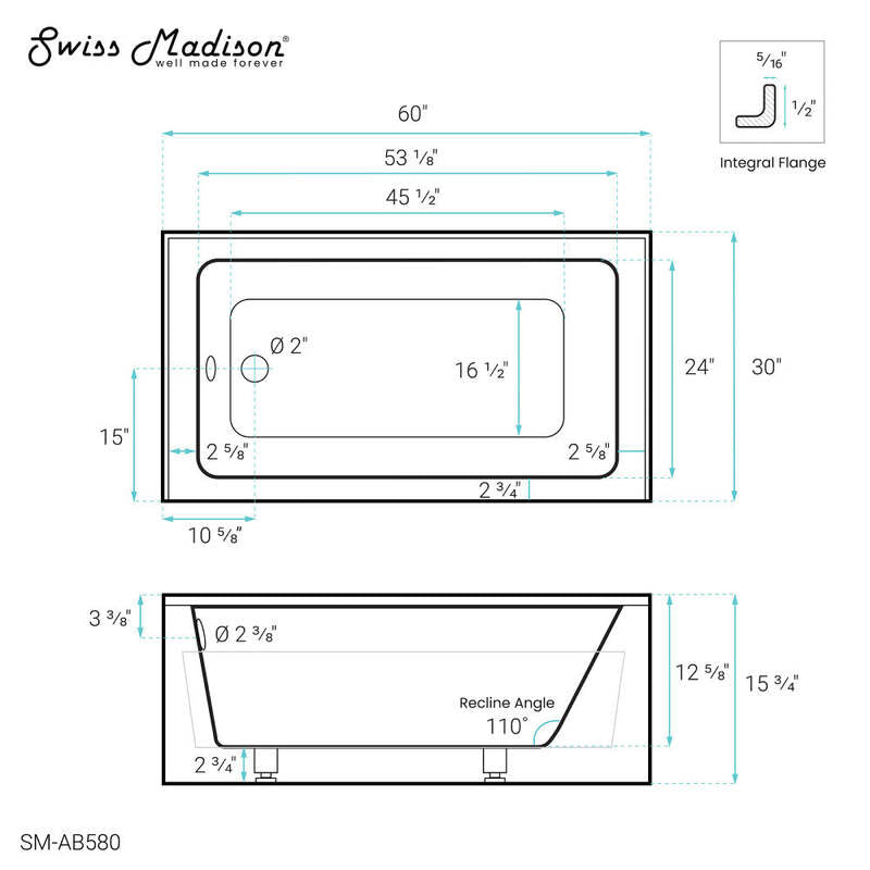Swiss Madison Virage 60" x 30" Left-Hand Drain Alcove Bathtub with Apron