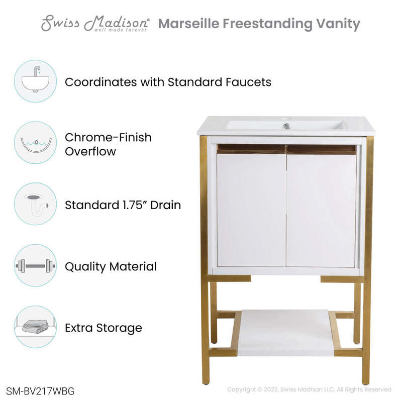 Swiss Madison Marseille 24" Bathroom Vanity in White and Brushed Gold
