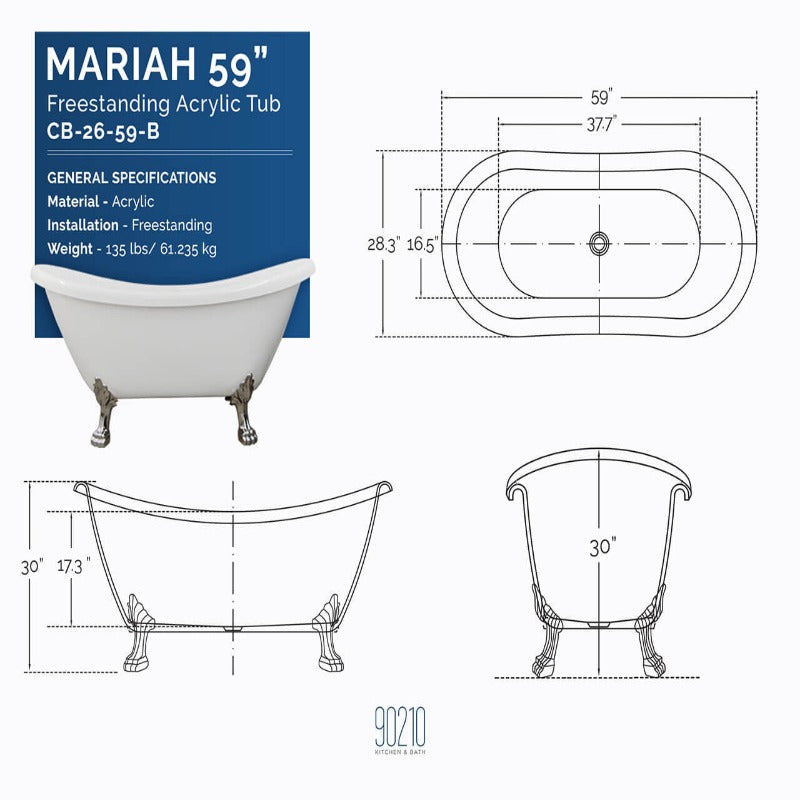 59" White Clawfoot Acrylic Soaking Bathtub (Chrome / Brushed Nickel / White / Gold / Black Feet)