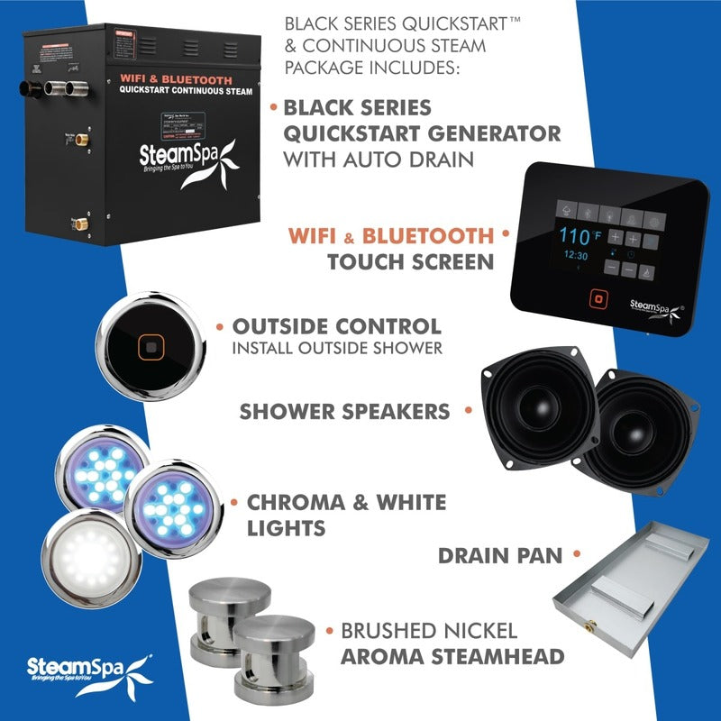 SteamSpa Black Series Bluetooth/WiFi 12kW QuickStart Steam Bath Generator Package