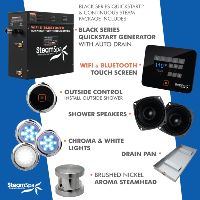 SteamSpa Black Series 6kW QuickStart Steam Bath Generator Package with Dual Aroma Pump
