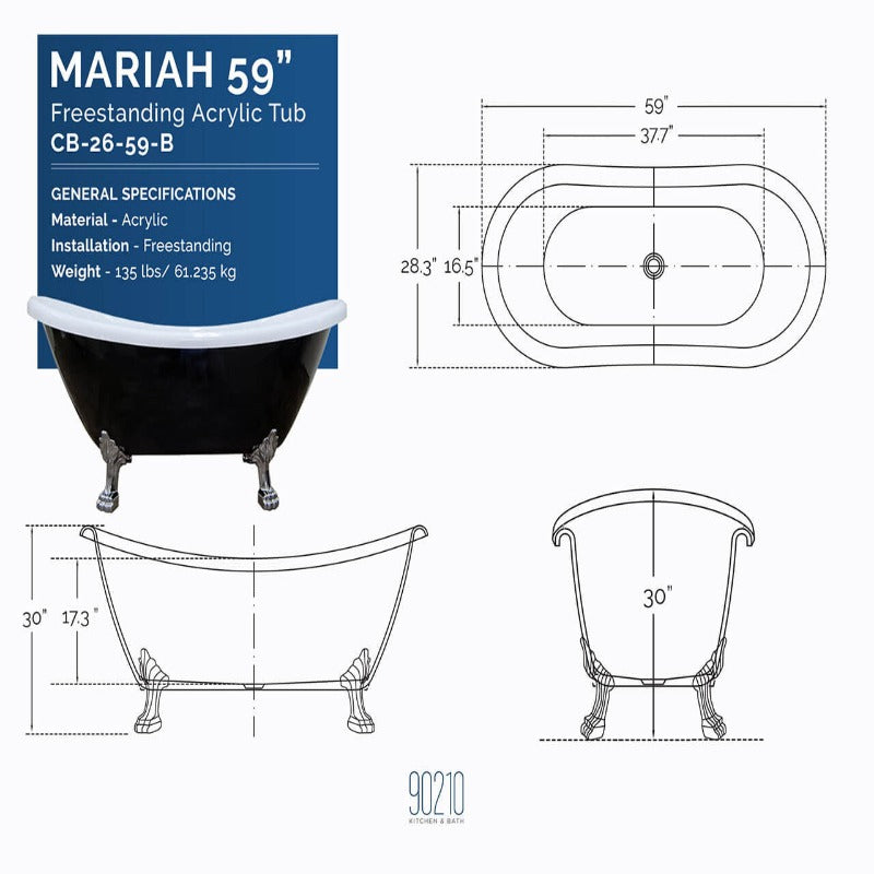 59" Black Clawfoot Acrylic Soaking Bathtub (Chrome / Brushed Nickel / White / Gold /Black Feet)