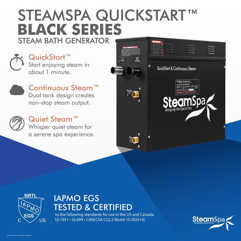 SteamSpa Black Series 6kW QuickStart Steam Bath Generator Package with Dual Aroma Pump
