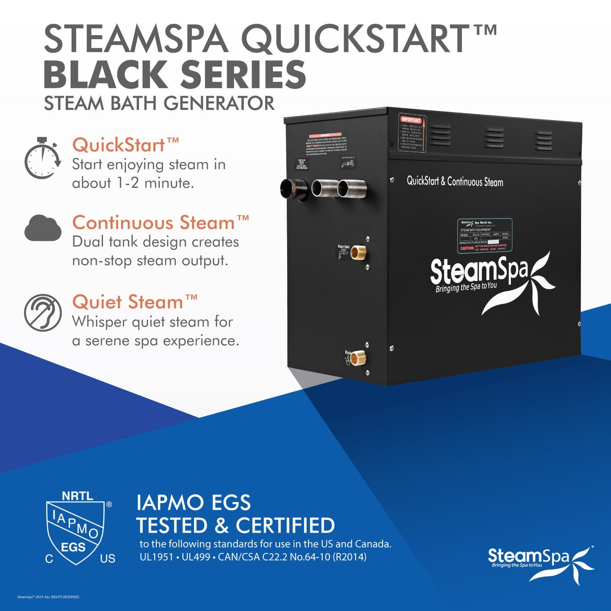 Black Series Wifi and Bluetooth 10.5kW QuickStart Steam Bath Generator Package in Gold