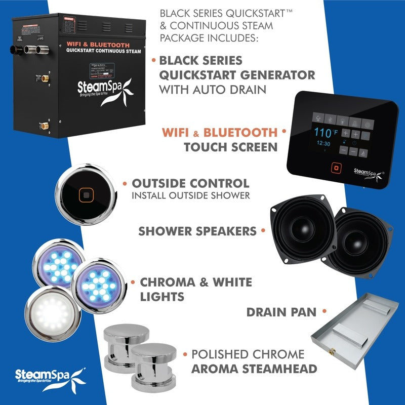 SteamSpa Black Series Bluetooth/WiFi 12kW QuickStart Steam Bath Generator Package