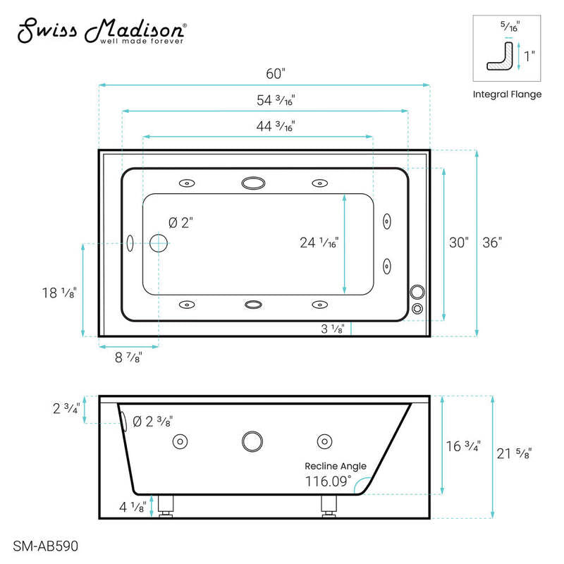 Swiss Madison Avancer 60" x 36" Left-Hand Drain Rectangular Alcove Whirlpool Bathtub with Apron