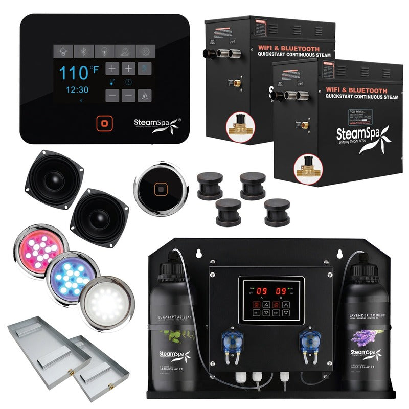 SteamSpa Black Series 2 x 10.5kW QuickStart Steam Bath Generator Package w/ Dual Aroma Pump
