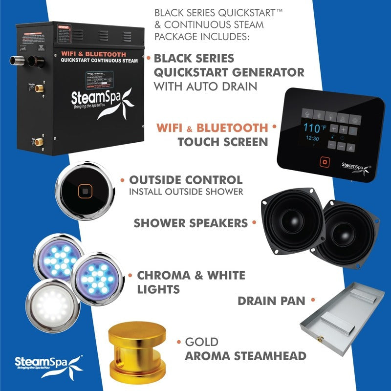 SteamSpa Black Series Bluetooth/WiFi 4.5kW QuickStart Steam Bath Generator Package