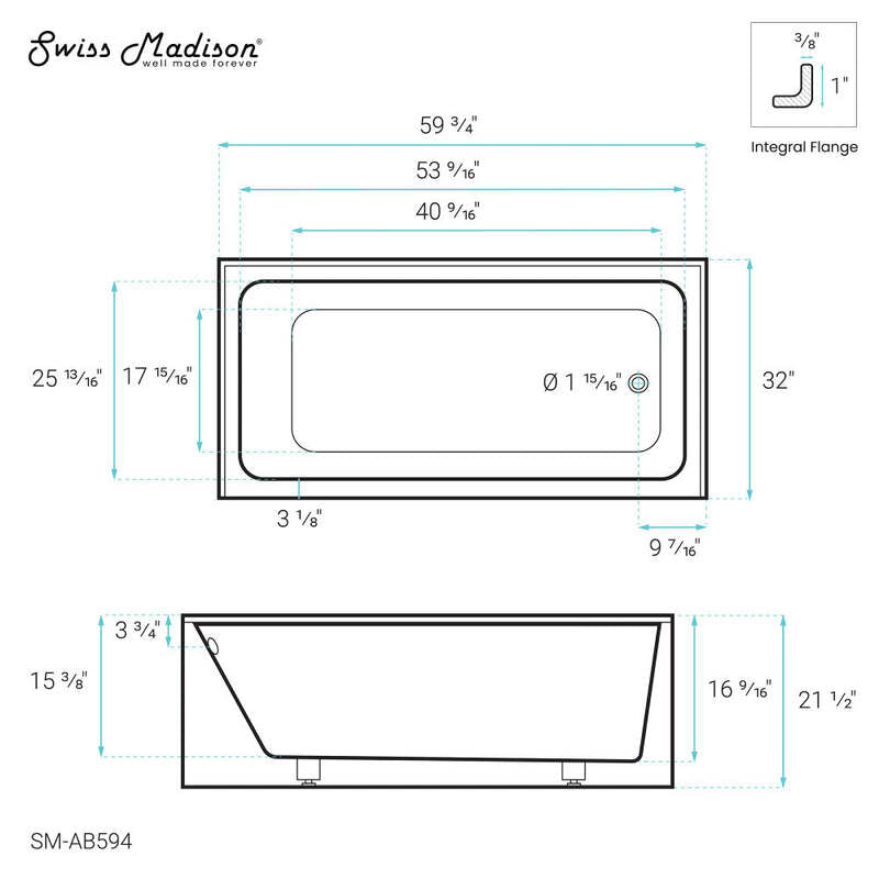 Swiss Madison Voltaire 60" X 32" Right-Hand Drain Alcove Bathtub with Apron