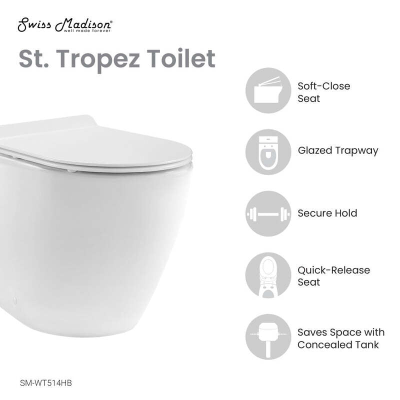 Swiss Madison St. Tropez Back to Wall Concealed Tank Toilet Bowl, Black Hardware
