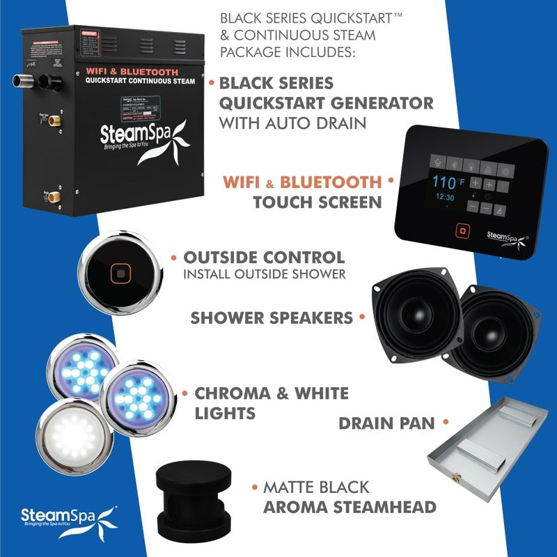 SteamSpa Black Series Bluetooth/WiFi 9kW QuickStart Steam Bath Generator Package