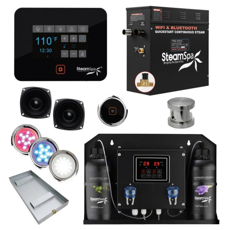 SteamSpa Black Series WiFi and Bluetooth 4.5KW Quickstart Steam Bath Generator Package with Dual Aroma Pump