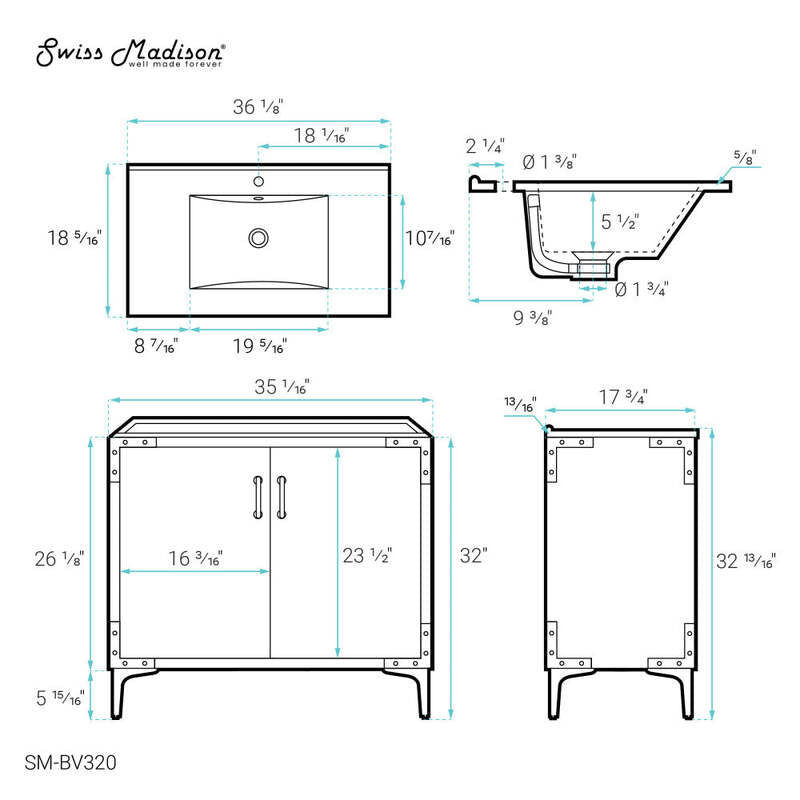 Swiss Madison Voltaire 36" Single, Bathroom Vanity in White with Gold Hardware