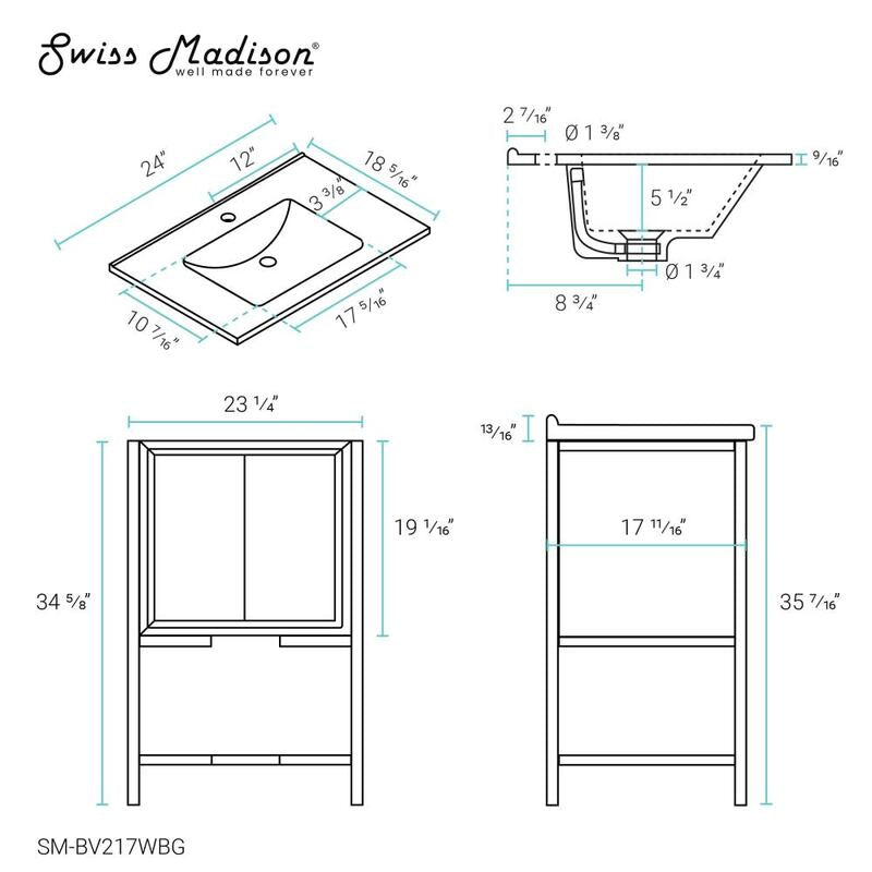 Swiss Madison Marseille 24" Bathroom Vanity in White and Brushed Gold