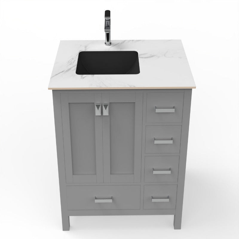 36" Ava Vanity (White / Grey / Blue) Base with White Marble Top - Black Left Side Basin
