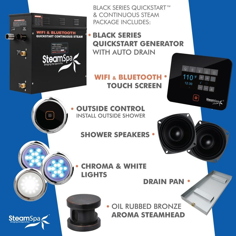 SteamSpa Black Series Bluetooth/WiFi 7.5kW QuickStart Steam Bath Generator Package