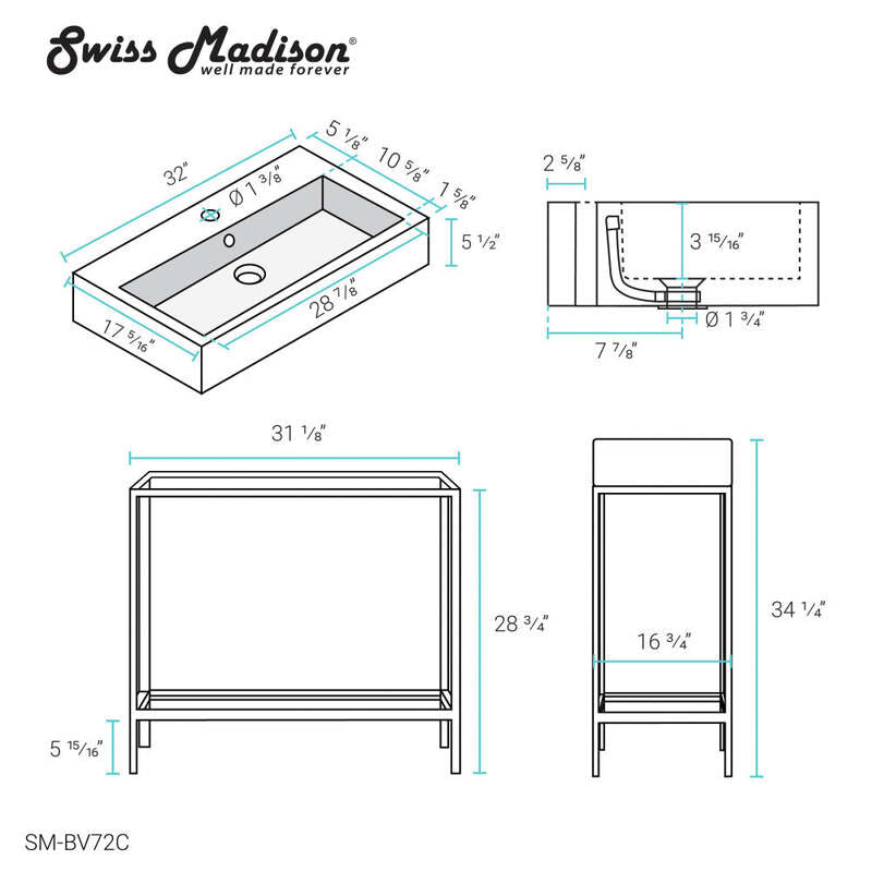 Swiss Madison Pierre 32 Single, Freestanding, Open Shelf, Chrome Metal Frame Bathroom Vanity