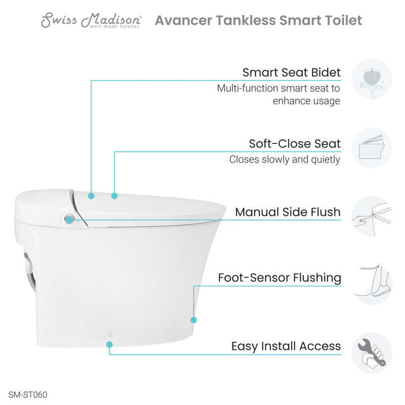 Swiss Madison Avancer Smart Tankless Elongated Toilet and Bidet, Touchless Vortex™ Dual-Flush 1.1/1.6 gpf