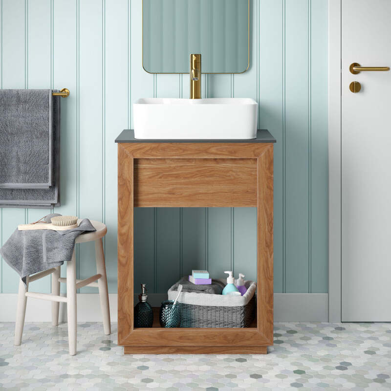 Swiss Madison Rennes 24" Reclaimed Wood Vanity in Natural Teak with Slate Countertop and Single Hole Vessel Sink
