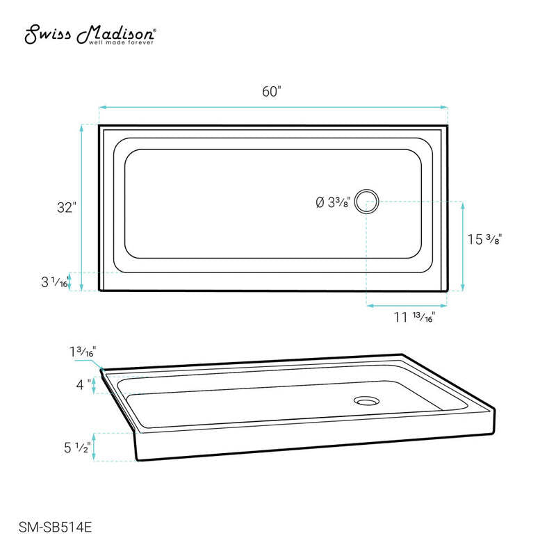 Swiss Madison Voltaire 60 x 32 Single-Threshold, Right-Hand Drain, Shower Base in Grey