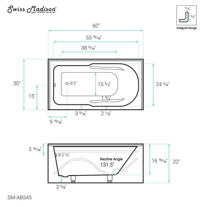 Swiss Madison Ivy 60" X 30" Left-Hand Drain Alcove Bathtub with Apron