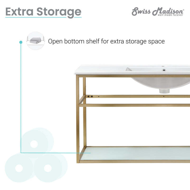 Swiss Madison Pierre 48 Single, Open Shelf, Gold Metal Frame Bathroom Vanity