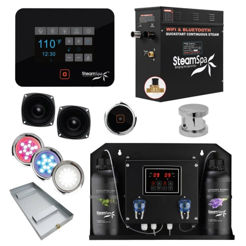 SteamSpa Black Series WiFi and Bluetooth 4.5KW Quickstart Steam Bath Generator Package with Dual Aroma Pump