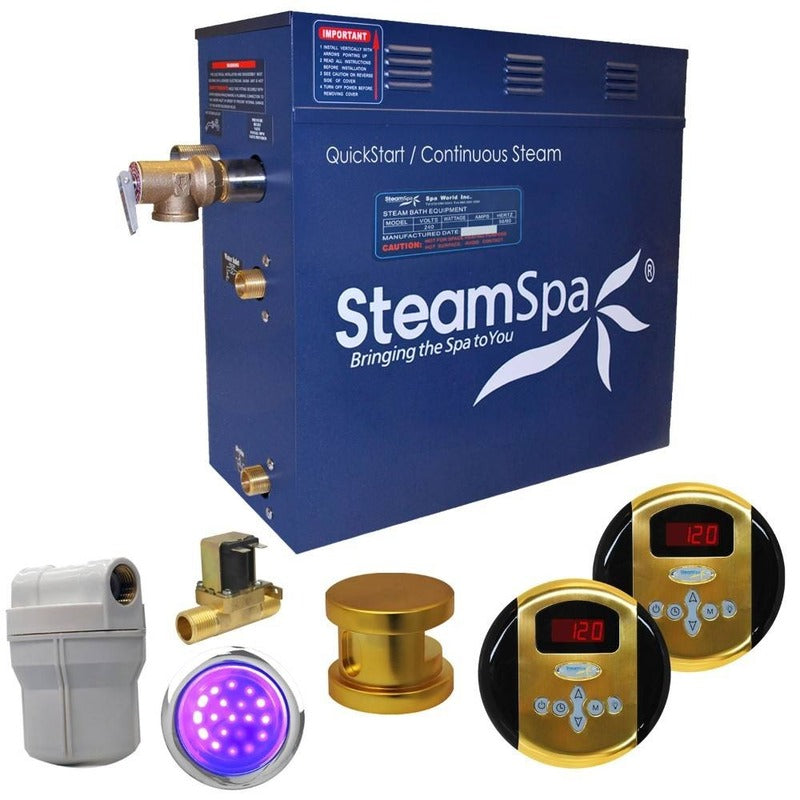 Steamspa Royal 9 KW QuickStart Acu-Steam Bath Generator Package w/ Built-in Auto Drain in Polished Gold - SteamSpa RY900GD-A