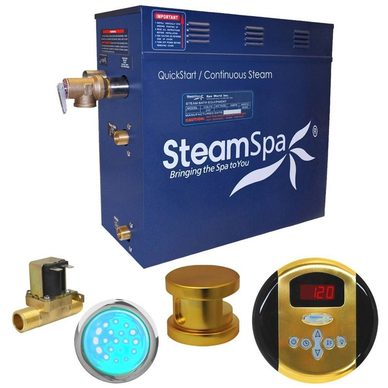 Indulgence 7.5 KW QuickStart Acu-Steam Bath Generator Package w/ Built-in Auto Drain in Polished Gold - SteamSpa IN750GD-A