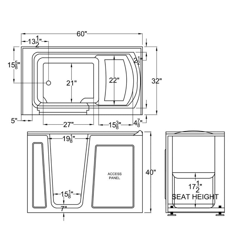 MediTub Walk-In 32 x 60 Left Drain Biscuit Air Jetted Walk-In Bathtub - 3260LBA