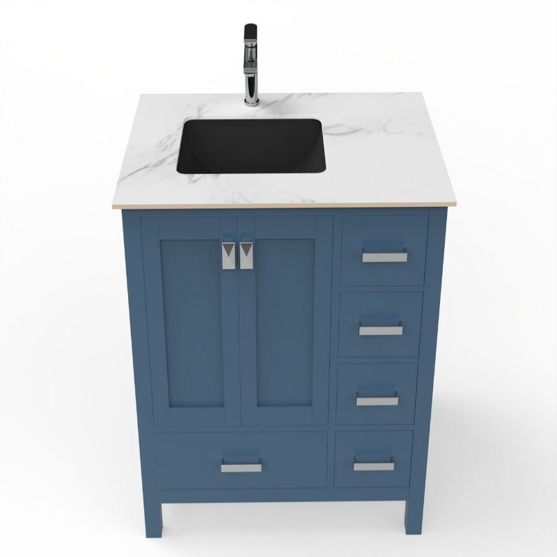 36" Ava Vanity (White / Grey / Blue) Base with White Marble Top - Black Left Side Basin