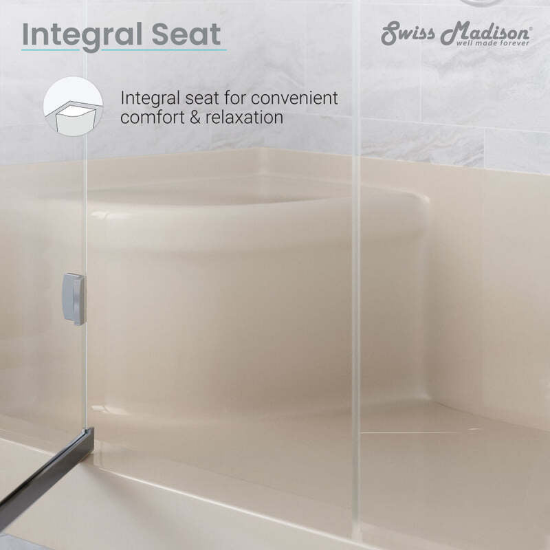 Swiss Madison Aquatique 60 X 32 Single Threshold Shower Base With Left Hand Drain and Integral Right Hand Seat in Biscuit
