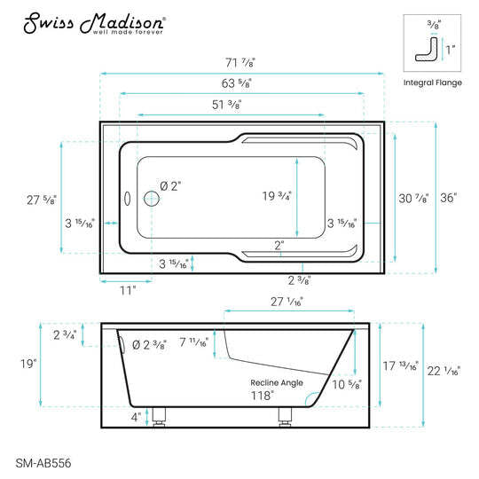 Swiss Madison Voltaire 72" x 36" Left-Hand Drain Alcove Bathtub with Apron
