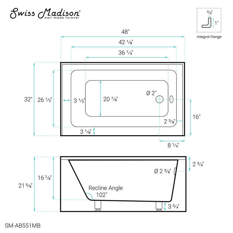 Swiss Madison Voltaire 48" X 32" Right-Hand Drain Alcove Bathtub with Apron in Matte Black