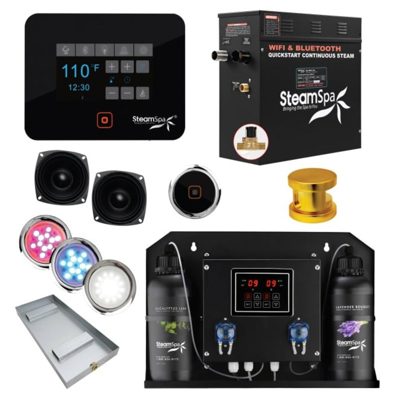SteamSpa Black Series WiFi and Bluetooth 4.5KW Quickstart Steam Bath Generator Package with Dual Aroma Pump