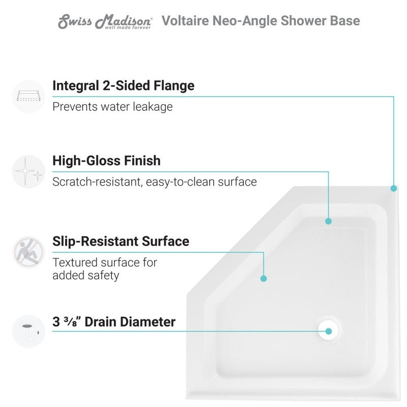 Swiss Madison Voltaire 36 x 36 Acrylic White, Single-Threshold, Center Drain, Neo-angle Shower Base