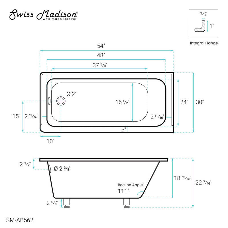 Swiss Madison Voltaire 54 in x 30 in Acrylic Glossy White, Alcove, Integral Left-Hand Drain, Bathtub