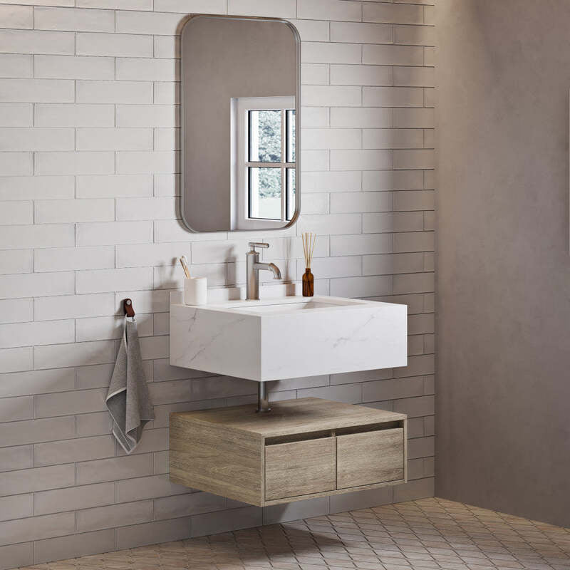 Swiss Madison Avancer 24" Wall-Mounted Bathroom Vanity in Calacatta and White Oak