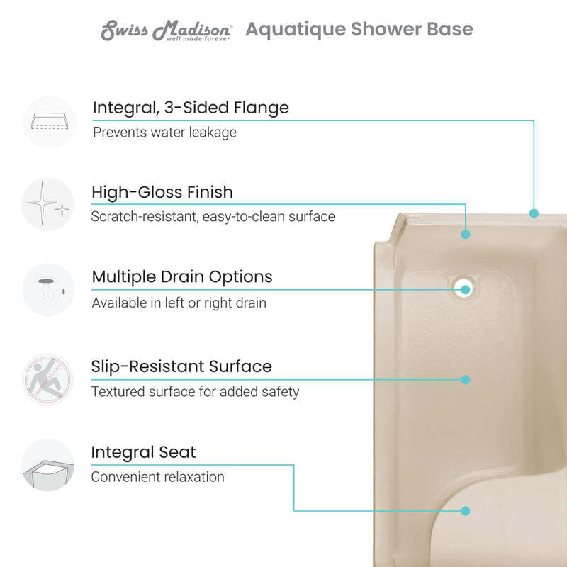 Swiss Madison Aquatique 60 X 32 Single Threshold Shower Base With Right Hand Drain and Integral Left Hand Seat in Biscuit