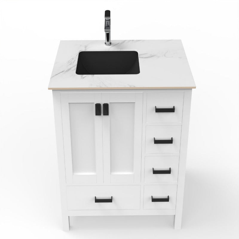 36" Ava Vanity (White / Grey / Blue) Base with White Marble Top - Black Left Side Basin