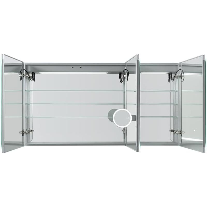 Edge Royale Side Bathroom Cabinet, Tall Full Length LED Lighted Medicine Cabinet, Defogger and Flip Out Lighted 3X Makeup Mirror, Electrical Outlets.